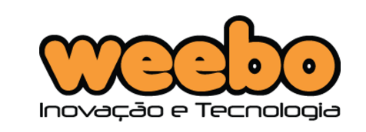 Logomarca da empresa Weebo Inovação e Tecnologia, letras em laranja com contorno preto.