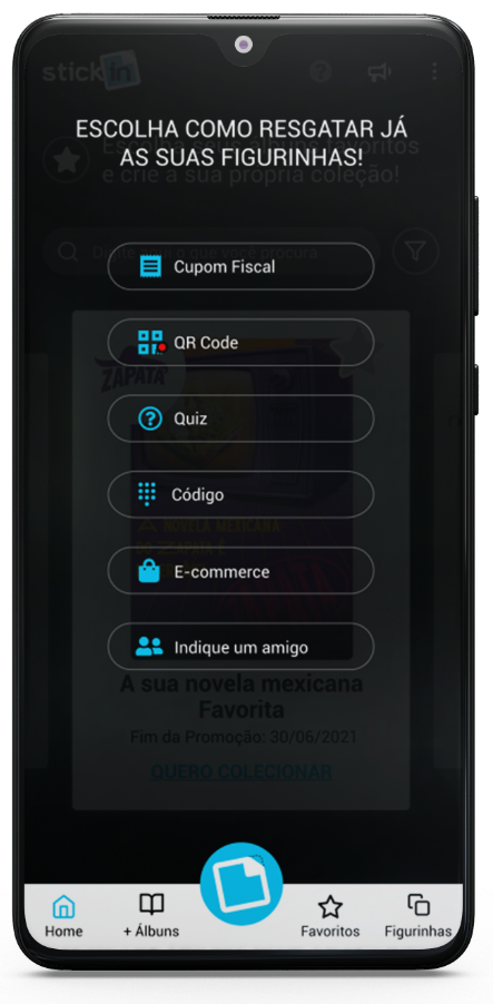 Tela do aplicativo stickin com instruções sobre como resgatar figurinhas.