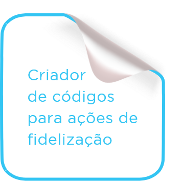 Card no formato de post-it branco com contorno azul. Funcionalidade: Criador de códigos para ações de fidelização.