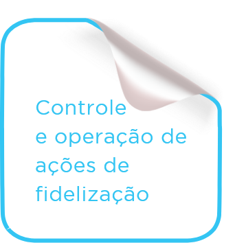 Card no formato de post-it branco com contorno azul. Funcionalidade: Controle e operações de ações de fidelização.