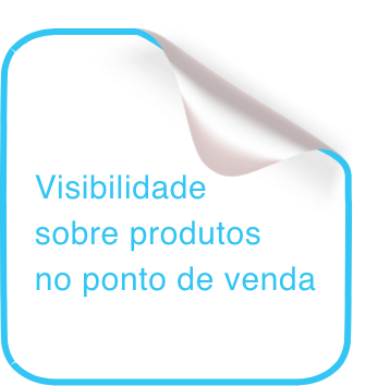 Card no formato de post-it branco com contorno azul. Funcionalidade: Visibilidade sobre produtos no ponto de venda.